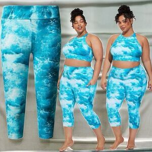 Torrid Blue Ocean Waves High-Rise Pocket Capri Swim Legging Matching Top Siz 3XL